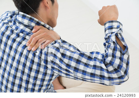 Young man holding shoulder stiff shoulder stiff white back 24120993