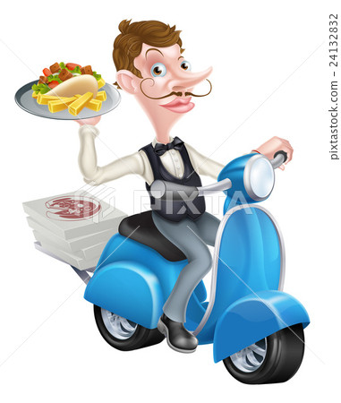 Cartoon Waiter on Scooter Moped Delivering Kebab Cartoon Waiter on Scooter Moped Delivering Kebab 24132832