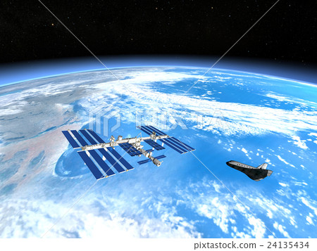 Earth and ISS & Space Shuttle 3DCG perming3DCGmp160819 Illustration material 24135434