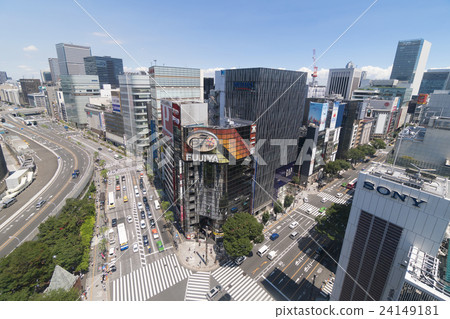 Tokyo urban landscape Ginza Yurakucho Sekiyabashi crossing overlooking bird's eye view Densely populated commercial buildings and the capital city high 24149181