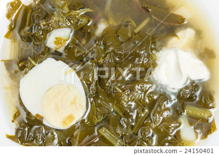top view of vegetarian soup from green leaves 24150401