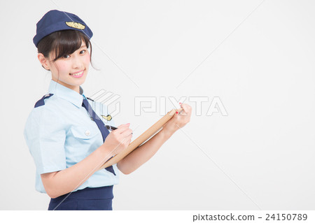 A woman who made a cosplay of a lady police officer asking a question A woman who made a cosplay of a lady police officer asking a question 24150789