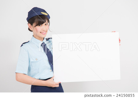 A woman who had a cosplay of a lady police officer with a message board A woman who had a cosplay of a lady police officer with a message board 24150855