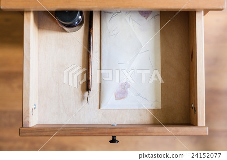 nib pen, ink, retro envelope in open drawer 24152077