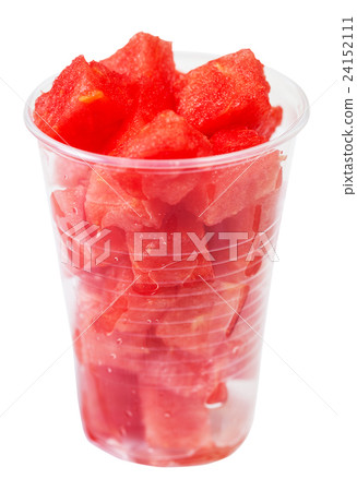 plastic glass with diced ripe watermelon isolated plastic glass with diced ripe watermelon isolated 24152111