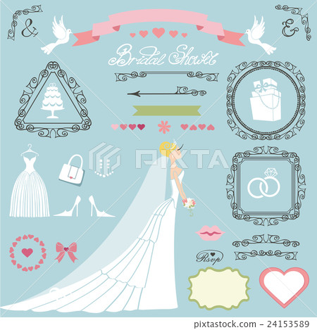 Wedding bridal shower decor set.Bride,swirls,icons Wedding bridal shower decor set.Bride,swirls,icons 24153589