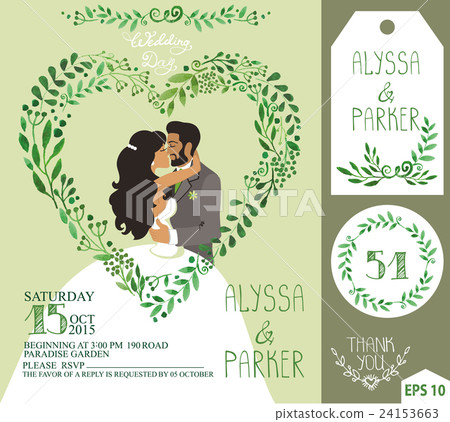 Wedding invitation.Green branches heart , kissing Wedding invitation.Green branches heart , kissing 24153663