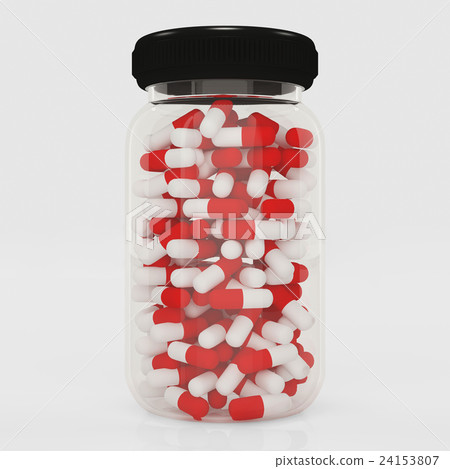 Medicine bottle with capsules on white background. 24153807