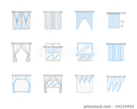 Window textile decor flat line vector icons set 24154459
