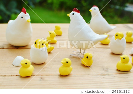 Chickens and chicks with eggs 24161312