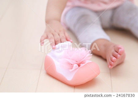 Baby shoes (Baby toddler girl 1 year old aged grabbing standing toy and walking in the room wearing outdoors) 24167830