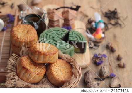 Festival moon cake - china dessert with green tea. Festival moon cake - china dessert with green tea. 24175468