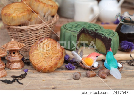Festival moon cake - china dessert with green tea. Festival moon cake - china dessert with green tea. 24175473