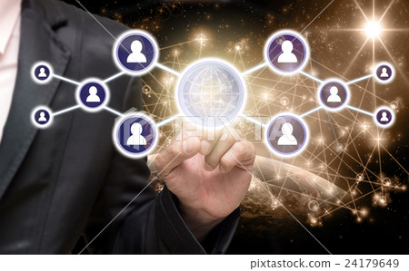 Businessman pointing or touching the Social media symbol on Internet network concept background,Elements of this image furnished by NASA, Business network concept 24179649