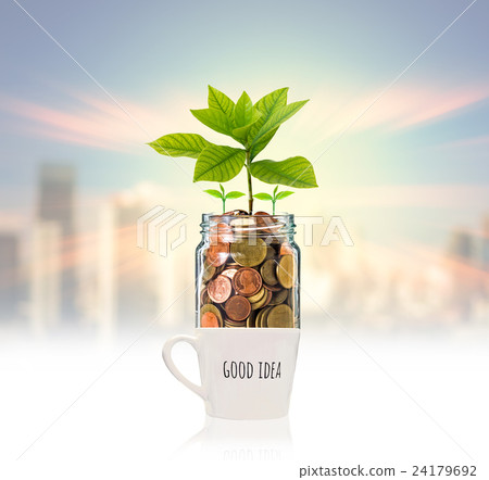 Gold coins and seed in clear bottle over the glass with text good idea on photo blurred cityscape background,Business investment growth concept 24179692
