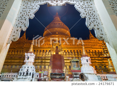 Shwezigon pagoda at twilight time with lens flare, mandalay, myanmar 24179871