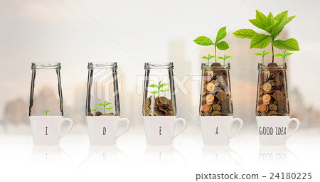 Gold coins and seed in five clear bottle over the glass with text good idea on photo blurred cityscape background,Business investment growth concept Gold coins and seed in five clear bottle over the glass with text good idea on photo blurred cityscape background,Business investment growth concept 24180225