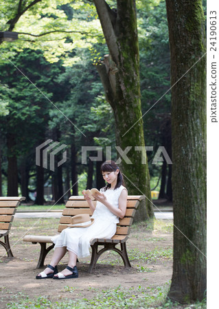 A woman reading a book on a park bench 24190613