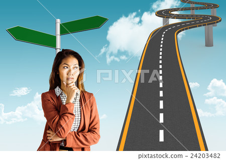 Composite image of serious businesswoman holding her chin Composite image of serious businesswoman holding her chin 24203482