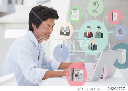 Composite image of happy man using laptop while having a coffee Composite image of happy man using laptop while having a coffee 24204717