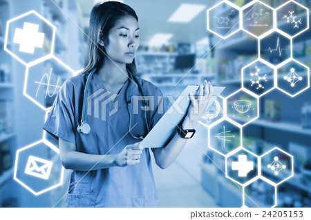 Composite image of asian nurse with stethoscope looking at the camera 24205153