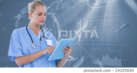 Serious doctor looking at clipboard 24205689