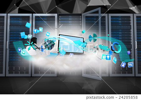 Composite image of laptop on floating cloud with apps Composite image of laptop on floating cloud with apps 24205858