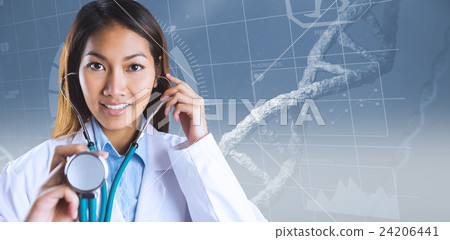 Composite image of asian doctor holding her stethoscope 24206441