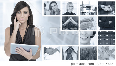 Composite image of thoughtful elegant brown haired model holding tablet Composite image of thoughtful elegant brown haired model holding tablet 24206782