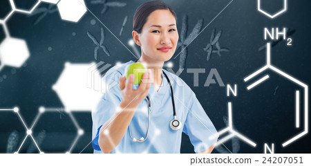 Composite image of smiling surgeon holding an apple with colleague in hospital Composite image of smiling surgeon holding an apple with colleague in hospital 24207051