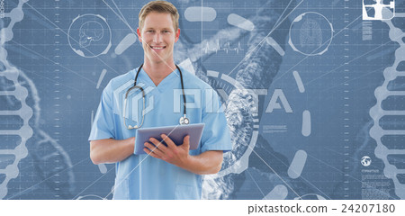 Happy doctor writing on clipboard beside windows Happy doctor writing on clipboard beside windows 24207180