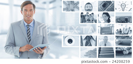 Composite image of happy businessman using tablet pc Composite image of happy businessman using tablet pc 24208259