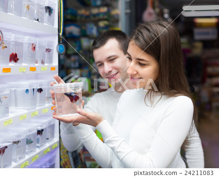 Couple selecting fish in petshop. 24211083