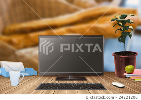Composite image of a computer over a desk Composite image of a computer over a desk 24221206