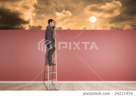 Composite image of happy businessman standing on ladder Composite image of happy businessman standing on ladder 24221454