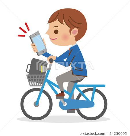 A male student driving a bicycle while watching a smartphone A male student driving a bicycle while watching a smartphone 24230095