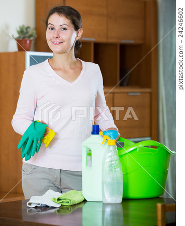 housewife doing regular clean up in living room housewife doing regular clean up in living room 24246602