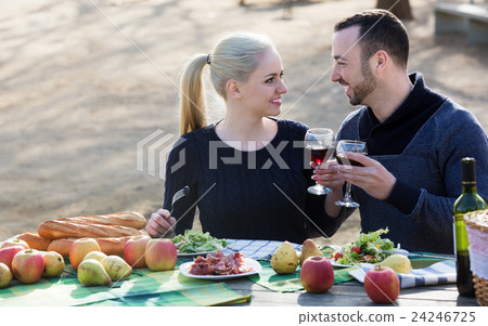 Couple having picnic at countryside Couple having picnic at countryside 24246725
