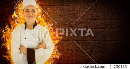 Composite image of woman chef smiling and crossed arms 24250183