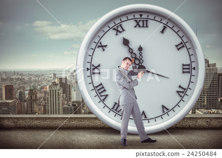Composite image of portrait of young businessman pushing a blank panel Composite image of portrait of young businessman pushing a blank panel 24250484