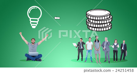 Composite image of happy handsome man cheering behind his computer Composite image of happy handsome man cheering behind his computer 24251458