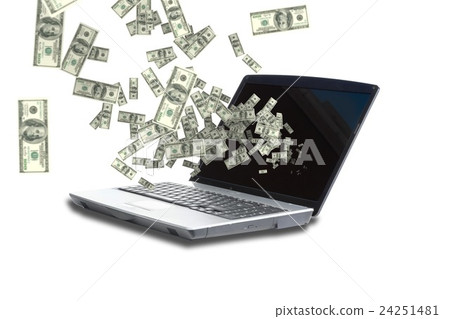 Digitally generated image of money from laptop screen 24251481