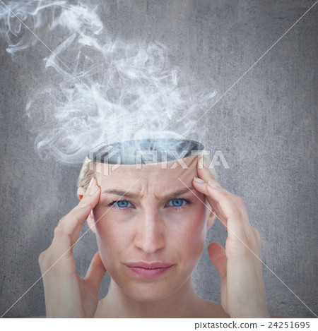 Composite image of pretty blonde suffering from headache looking at camera Composite image of pretty blonde suffering from headache looking at camera 24251695