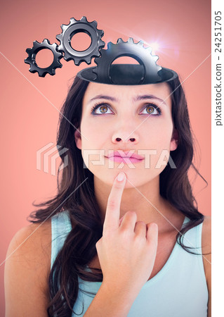 Composite image of pretty brunette looking up thoughfully Composite image of pretty brunette looking up thoughfully 24251705