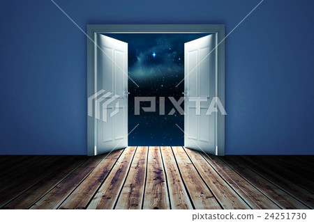 Composite image of door opening in dark room to show sky Composite image of door opening in dark room to show sky 24251730