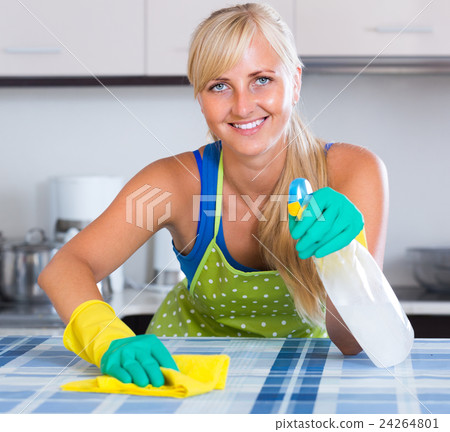 Young maid dusting kitchen tops. Young maid dusting kitchen tops. 24264801