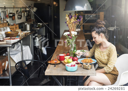 Girlfriend Eating Spaghetti Healthy Concept Girlfriend Eating Spaghetti Healthy Concept 24269281