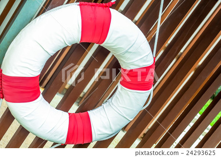 close up pool safety life ring on the lath wall 24293625