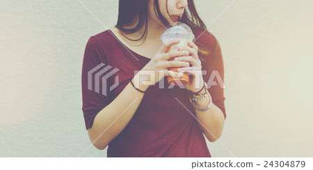 Woman Drinking Beverage Milk Tea Drinks Waiting Concept 24304879