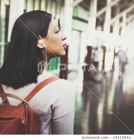Asian Lady Traveler Backpack City Concept Asian Lady Traveler Backpack City Concept 24310942